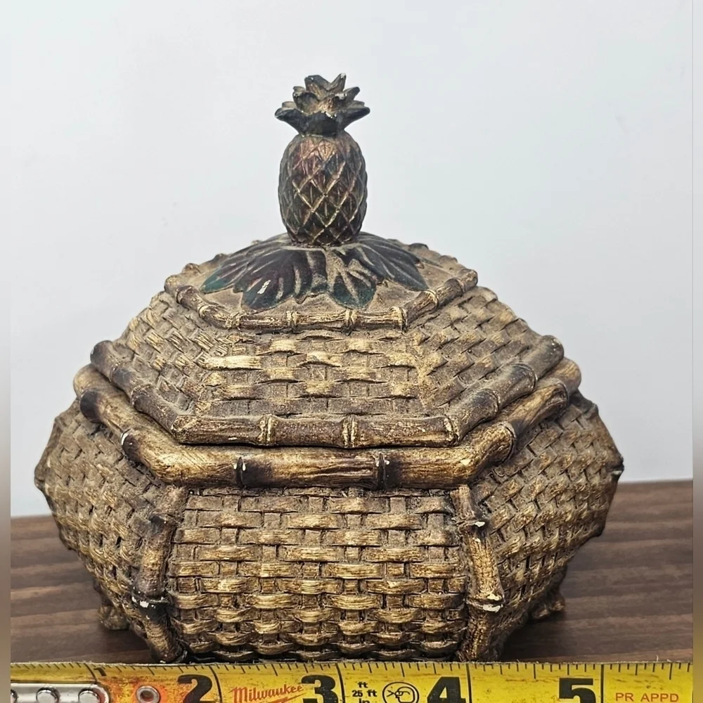 Unique Vintage Trinket Jewelry Box Chinese Style Woven Pineapple Lid Footed